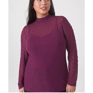 NWT Lane Bryant Long Sleeve Mock Neck Sheer Stretch Top Flocked Heart Size 18/20